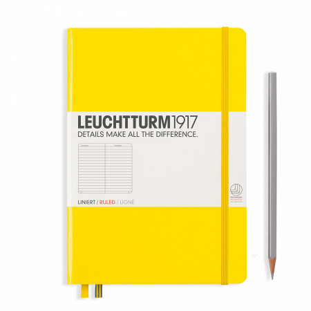 Carnet Medium (A5) couverture rigide, 249 pages numérotées, ligné, citron