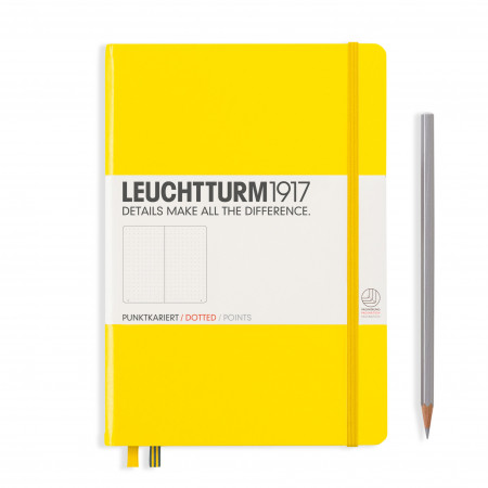 Carnet Medium (A5) couverture rigide, 249 pages numérotées, pointillés, citron