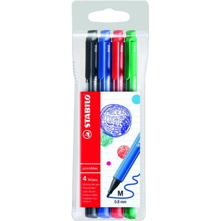 4 stylos-feutres pointe moyenne STABILO pointMax noir bleu rouge vert