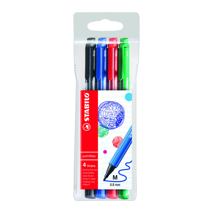 4 stylos-feutres pointe moyenne STABILO pointMax noir bleu rouge