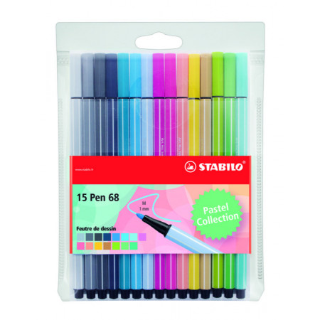 15 feutres de dessin pointe moyenne STABILO Pen 68 coloris pastel