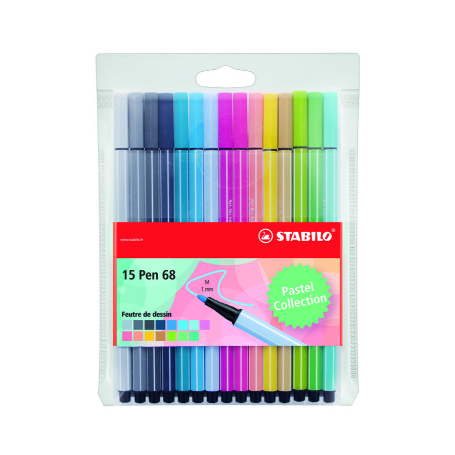 15 feutres de dessin pointe moyenne STABILO Pen 68 coloris pastel