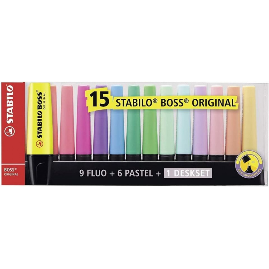 Set de bureau de 15 surligneurs STABILO BOSS ORIGINAL - BuroStock Guyane