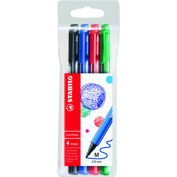 4 stylos-feutres pointe moyenne STABILO pointMax noir bleu rouge vert