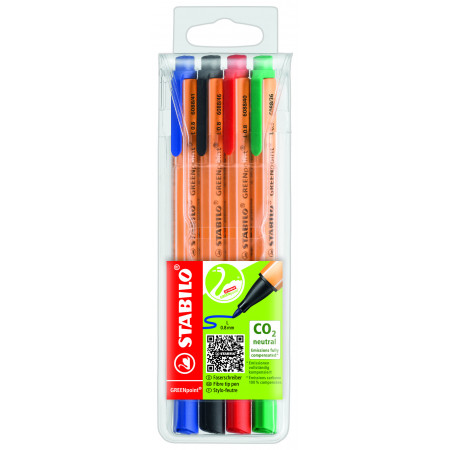 Pochette de 4 stylos-feutres STABILO GREENpoint noir bleu rouge vert