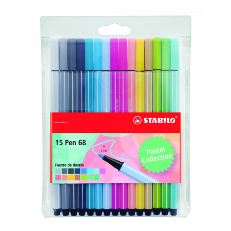 15 feutres de dessin pointe moyenne STABILO Pen 68 coloris pastel
