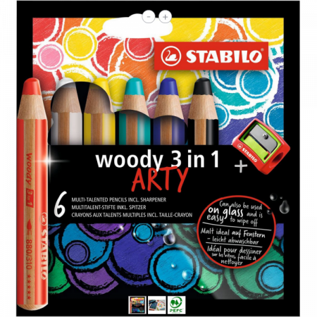6 crayons multitalents STABILO woody 3 in 1 ARTY + 1 taillecrayon