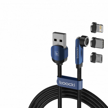 CABLE 2 M USB-A VERS USB-C, LIGHTNING ET MICRO USB 180Â° 3A MAGNETIQUE BLEU